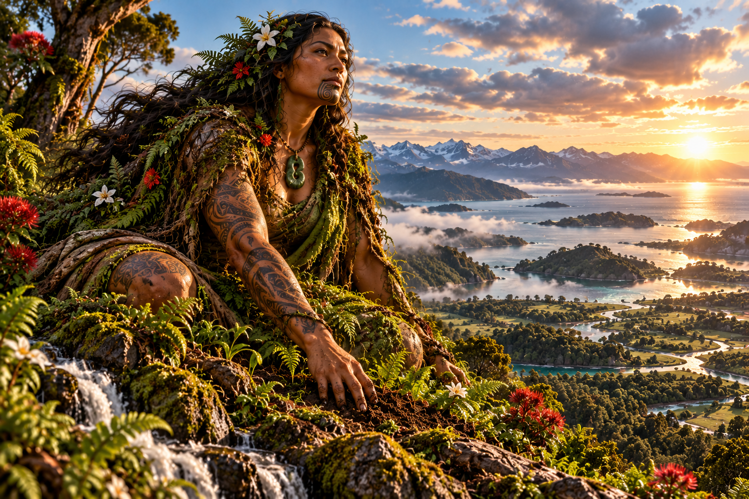 Papatūānuku, Māori Earth Mother, kneeling within the living landscape of Aotearoa as roots, ferns and rivers merge with the land around her