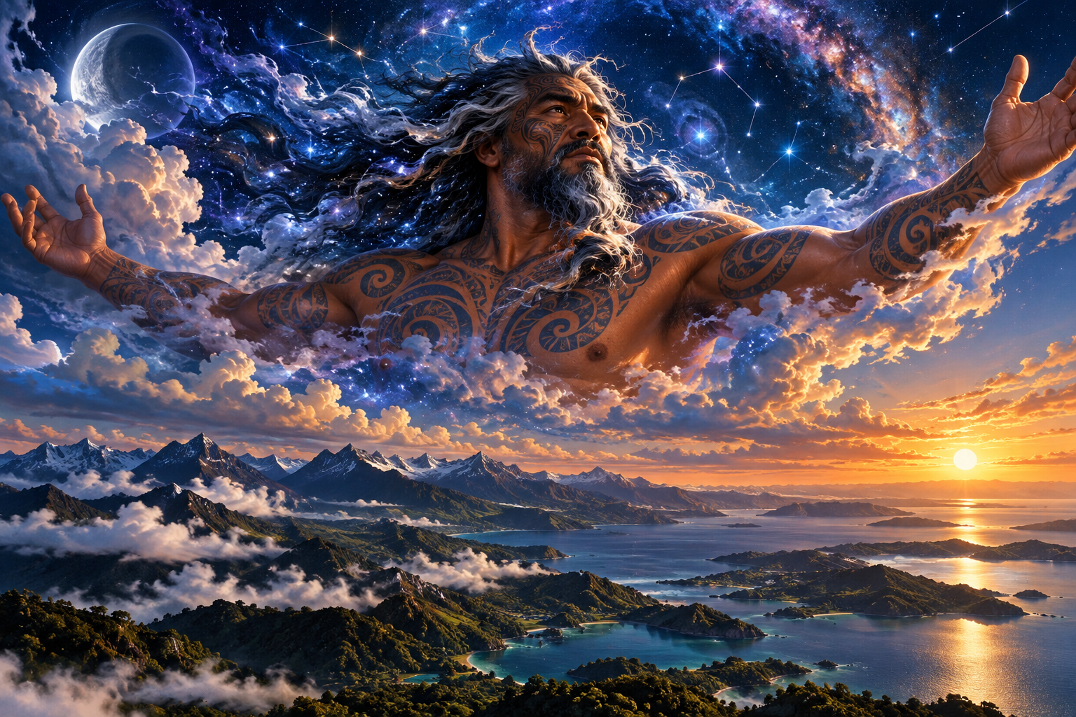 Ranginui, Māori Sky Father, appearing through the immense heavens above cloud, stars and the living world