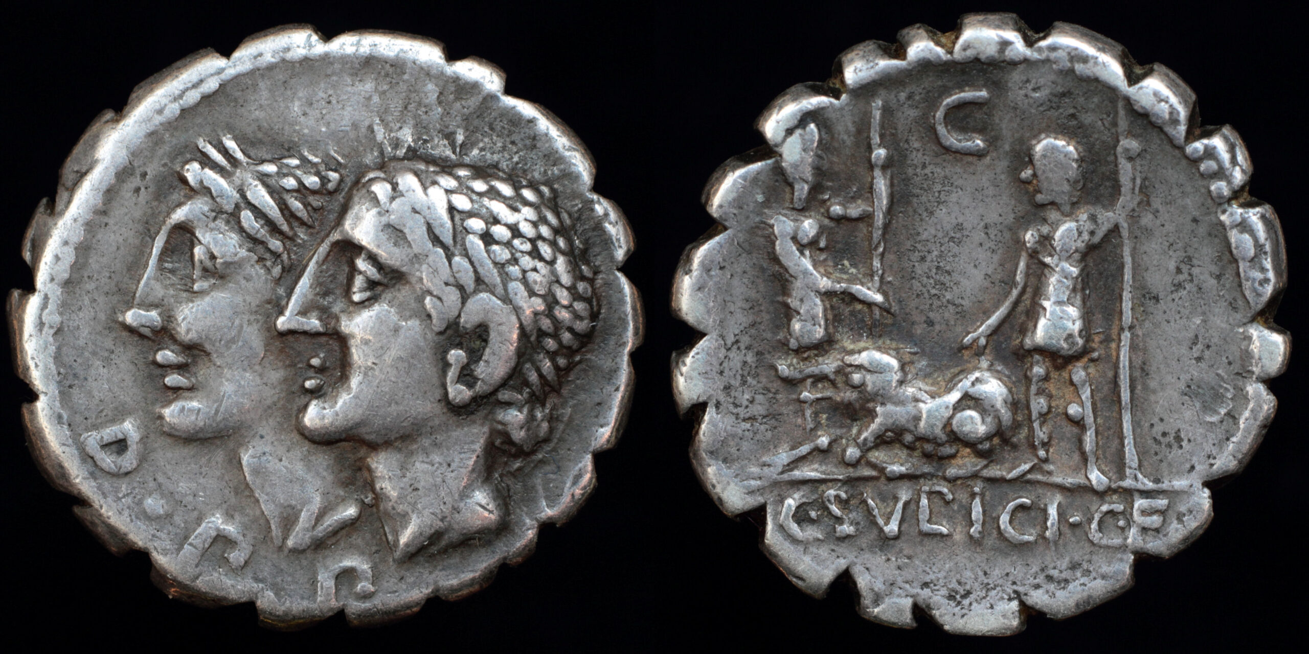 Roman Republican coin depicting the Dii Penates, gods of household stores and continuity