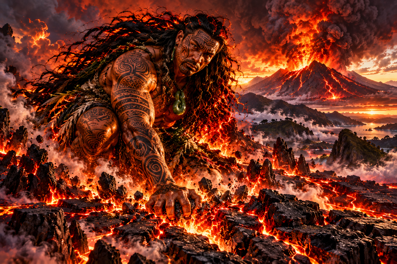Rūaumoko, Māori atua of earthquakes and volcanic forces, rising amid fractured earth and volcanic fire