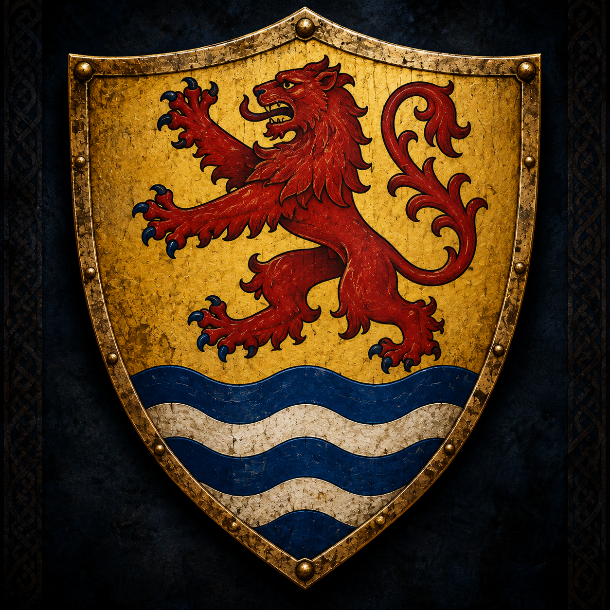 Scottish Borders identity shield with a red lion above blue and silver river waves on a dark background