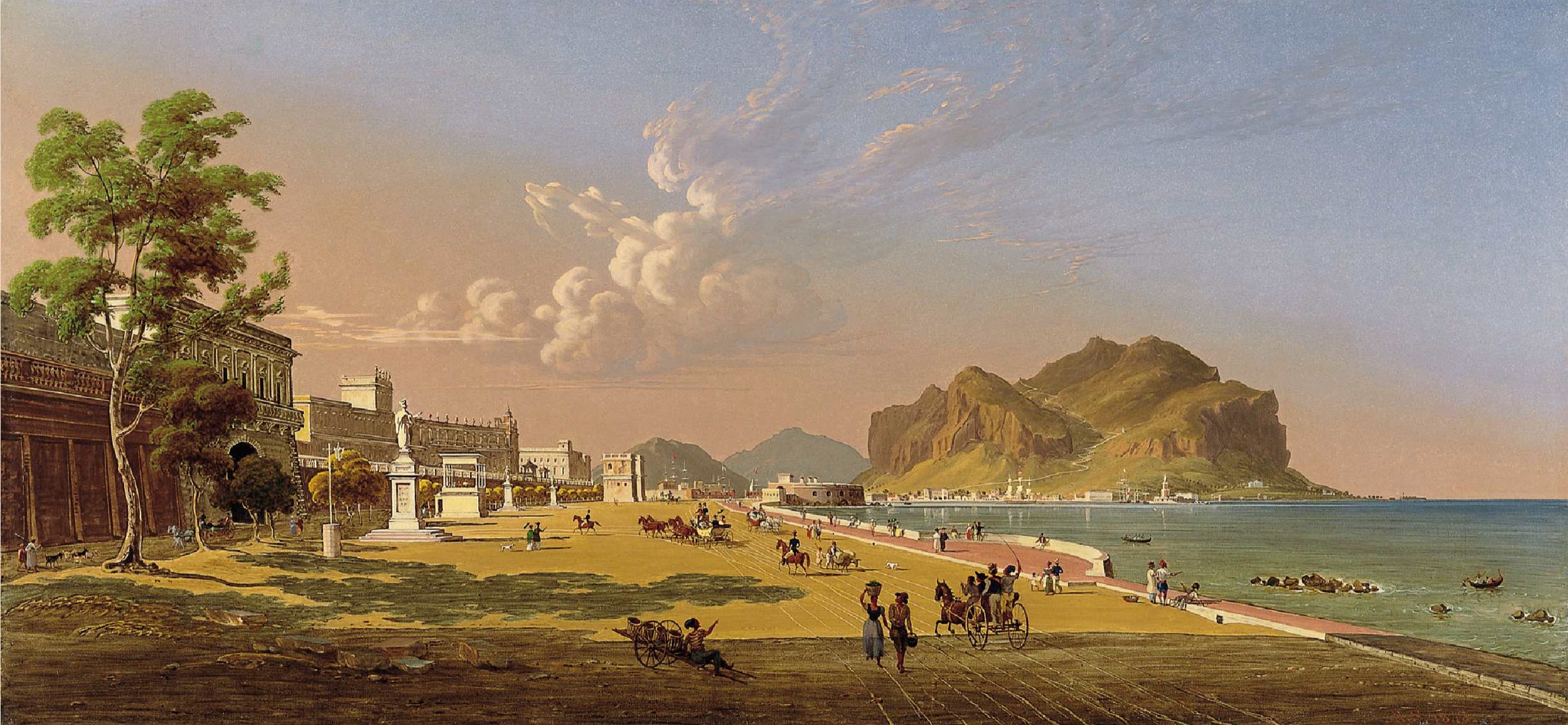 Historical painting of Palermo's harbour and mountains