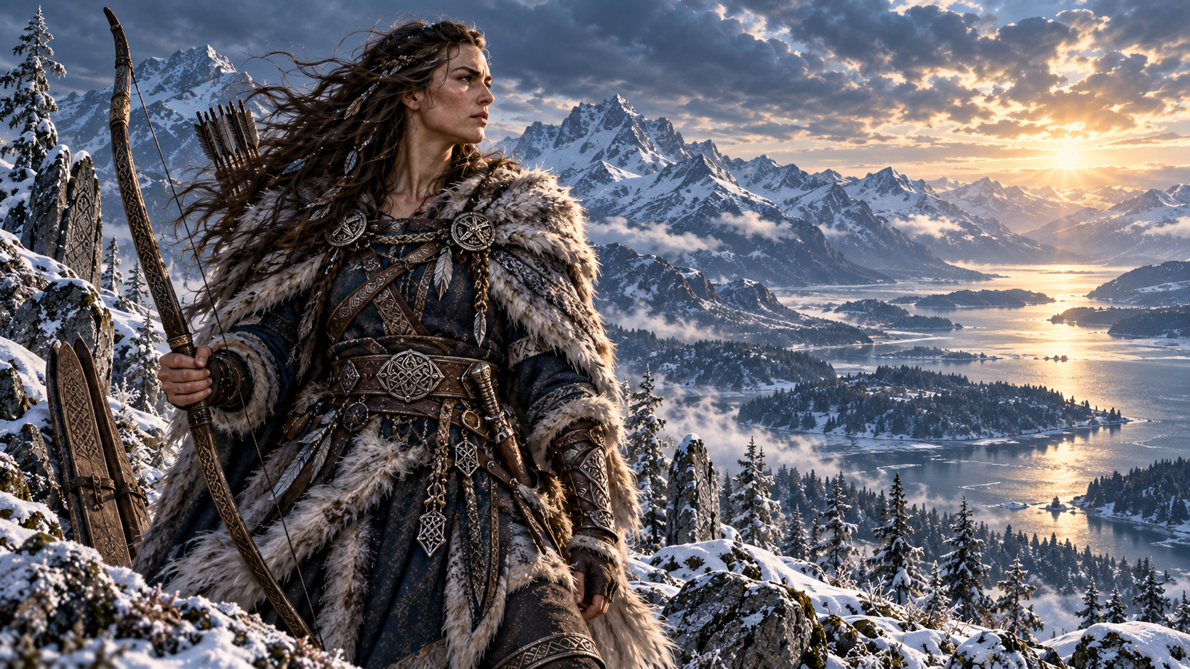 Skaði, mountain huntress of the northern gods, armed with a bow above a snowbound fjord