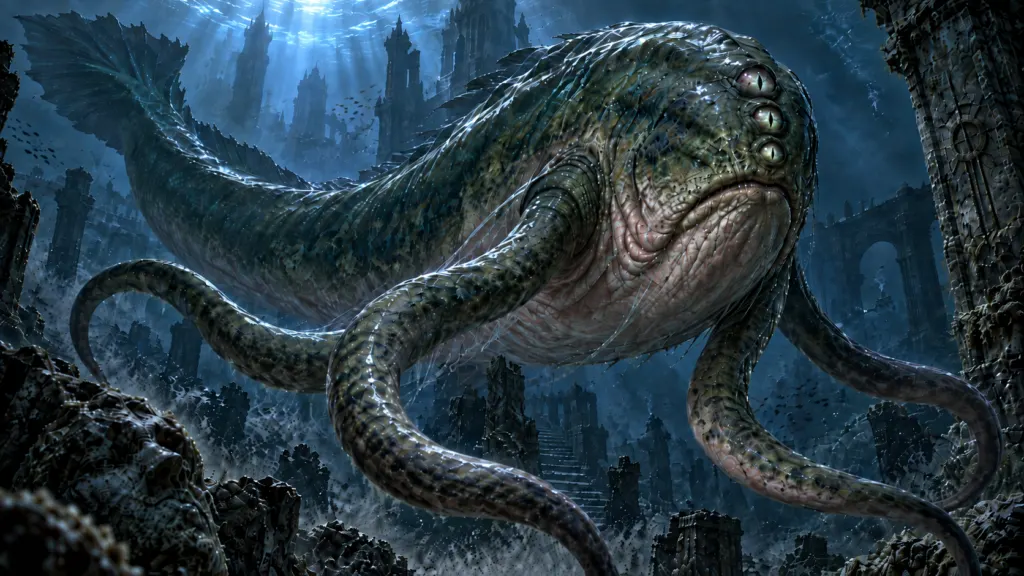 Aboleth lurking in dark water, an ancient three-eyed psychic aberration