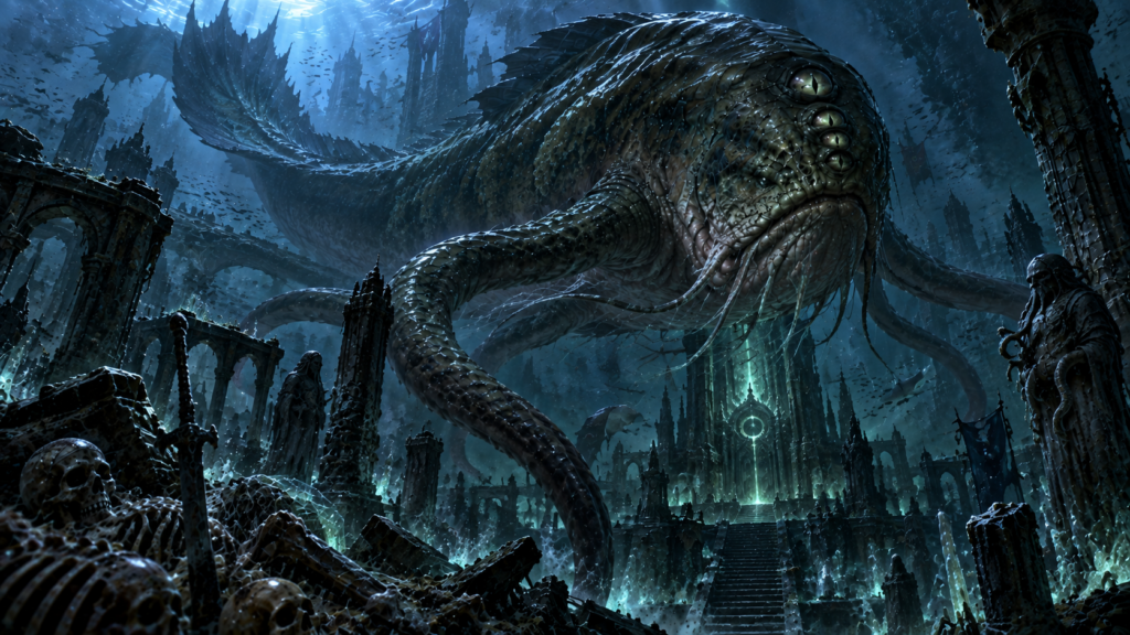 Aboleth ruling a drowned underwater nexus of ancient ruins and enslaved territory