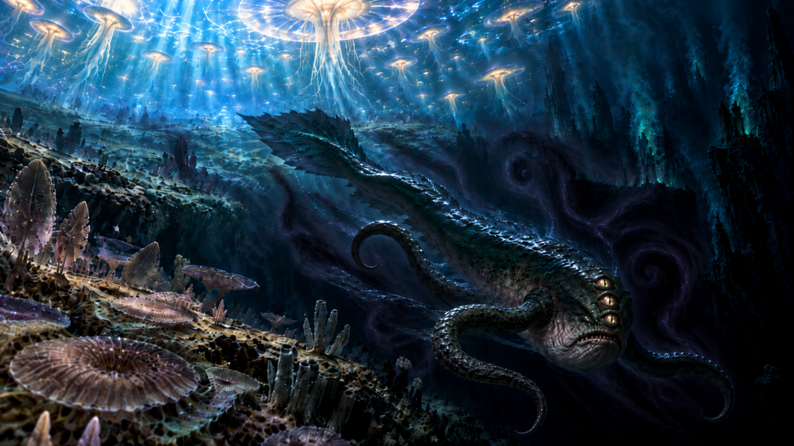 Aboleth retreating into deep Precambrian waters beneath the radiant Flumph choirs