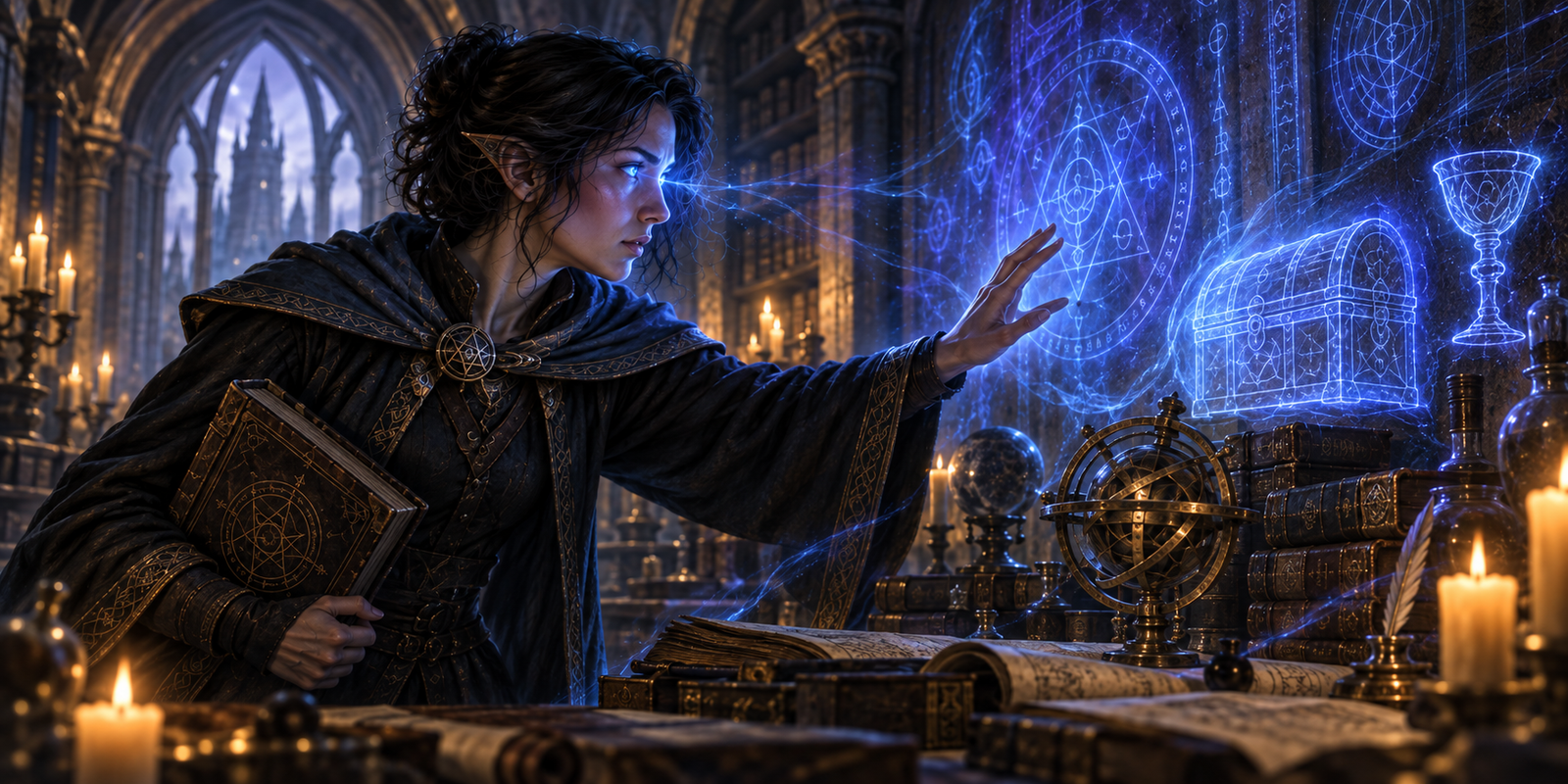 An arcane spellcaster using Arcane Sight to perceive glowing magical auras around enchanted objects in a candlelit medieval library