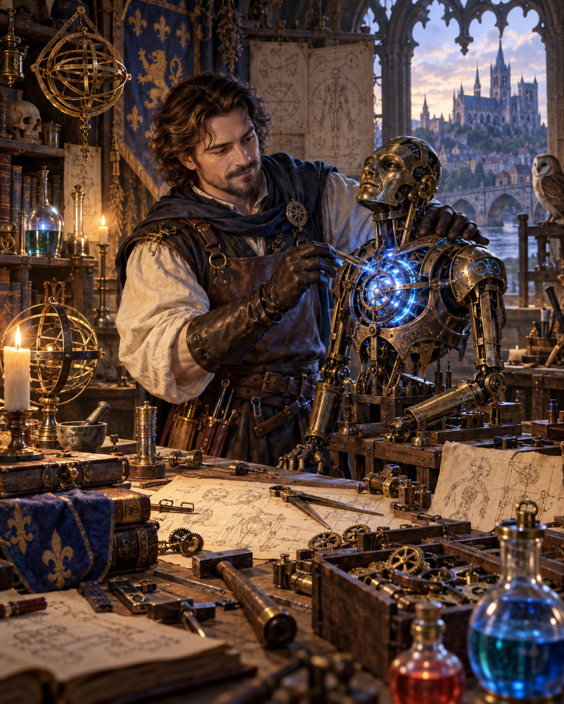 Artificer working with a brass astronomical and magical instrument in a fifteenth-century workshop