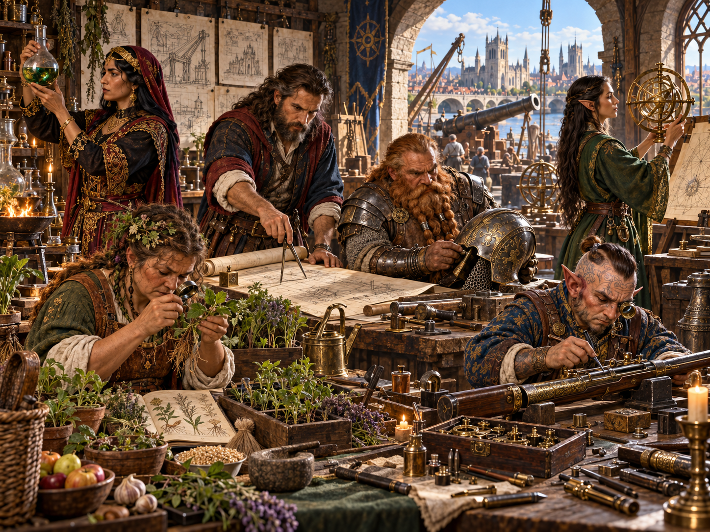 Human, dwarf, elf, gnome and halfling artificers working together in a workshop, including armour, artillery, astronomical instruments, alchemy and agricultural research