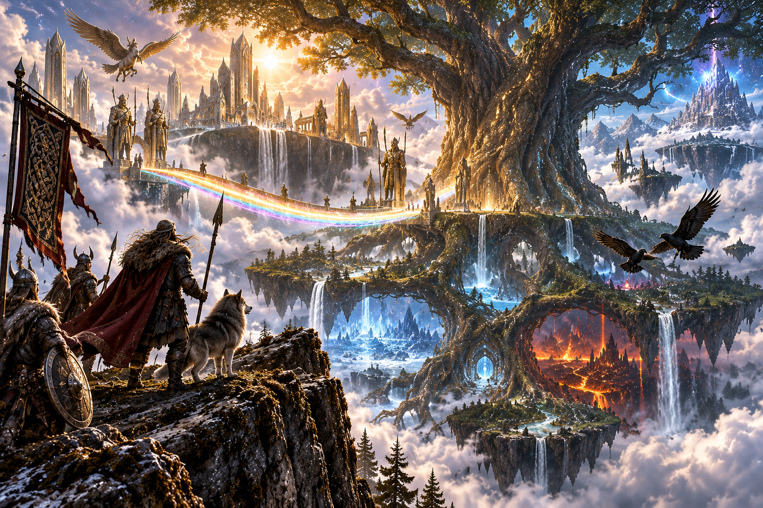 Yggdrasill connecting the Nine Worlds with Asgard beyond the rainbow bridge
