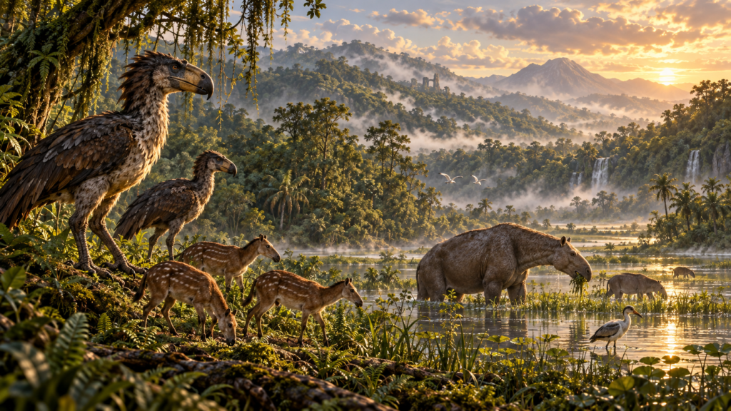 Paleogene Ashen Dawn landscape with early mammals, giant predatory birds and subtle elder ruins