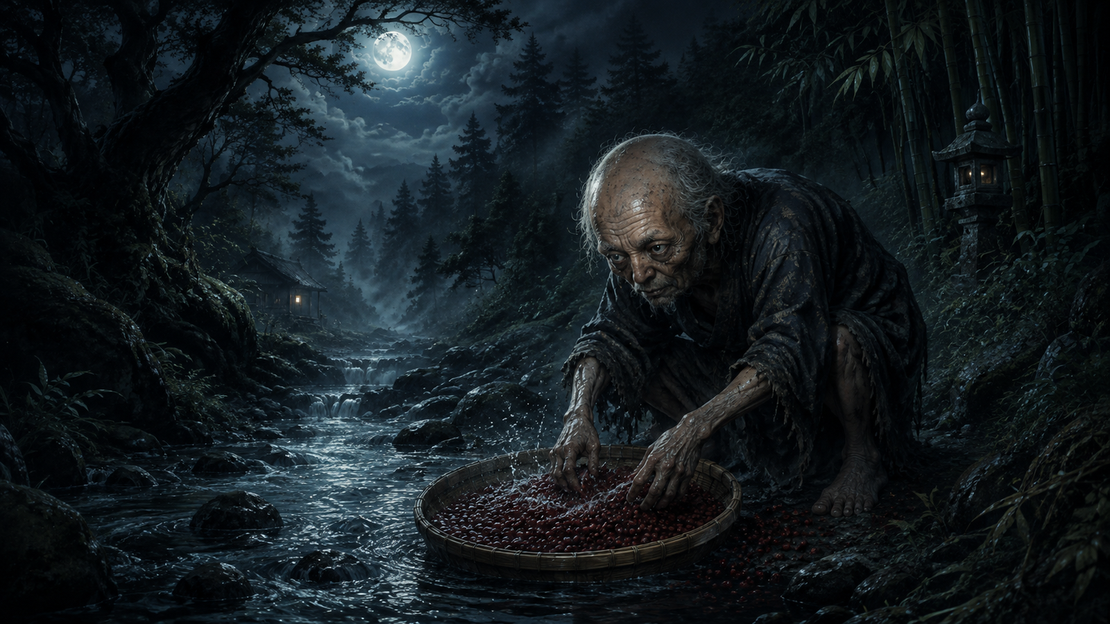 Azuki Arai washing red azuki beans beside a moonlit Japanese mountain stream in 1454
