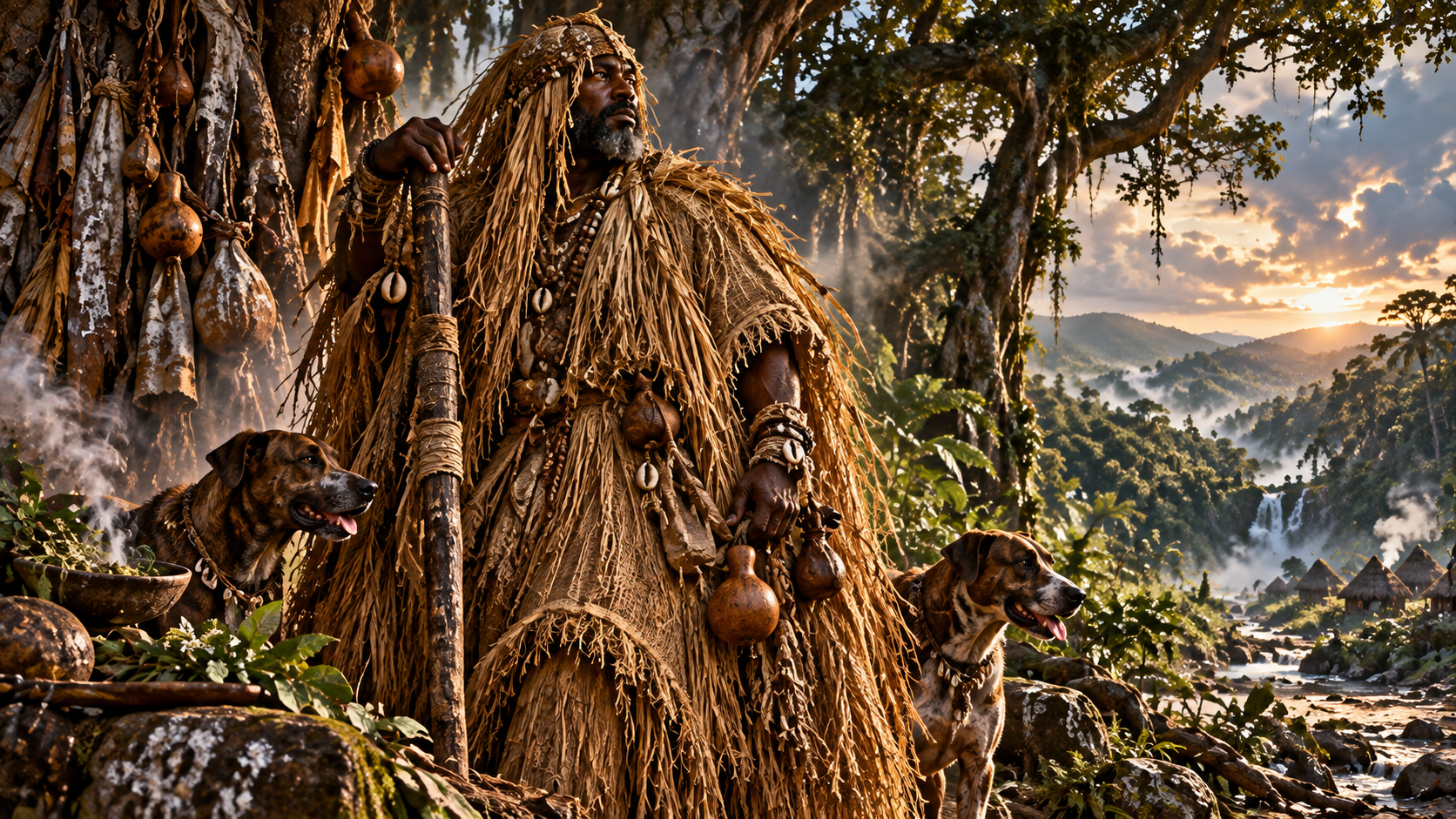 Babalu-Aye, Yoruba orisha of disease, healing and recovery wearing a sacred raffia mantle