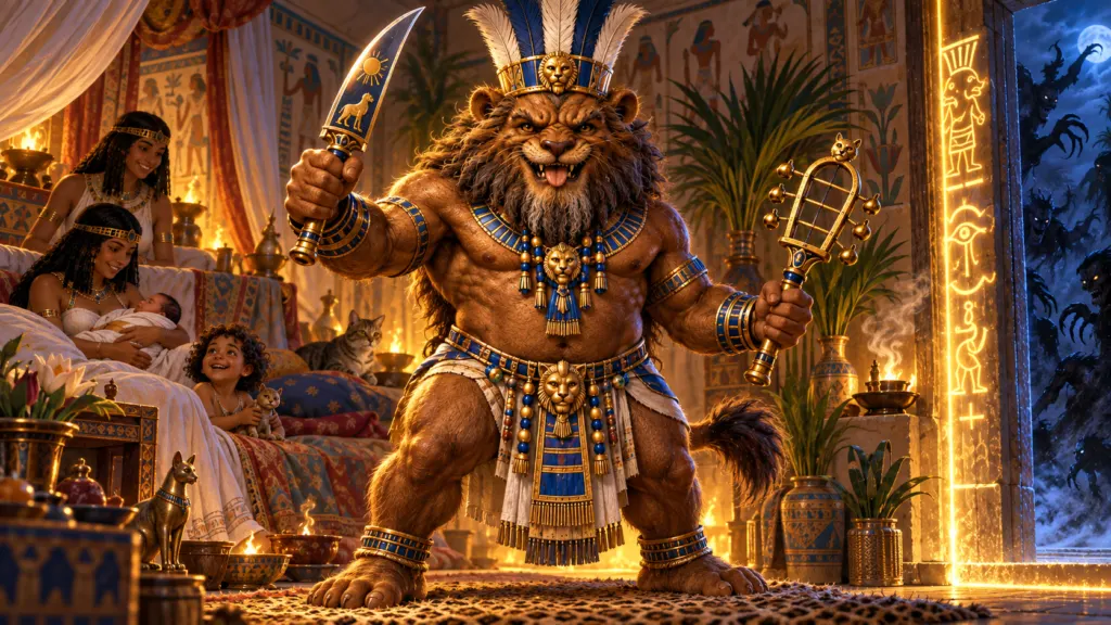 Bes, household guardian of Kemet, protecting a birth chamber with a ritual knife and sistrum