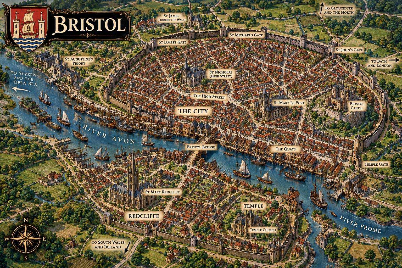 Campaign map of medieval Bristol showing the River Avon, River Frome, city walls, castle, bridge, quays, Redcliffe and Temple