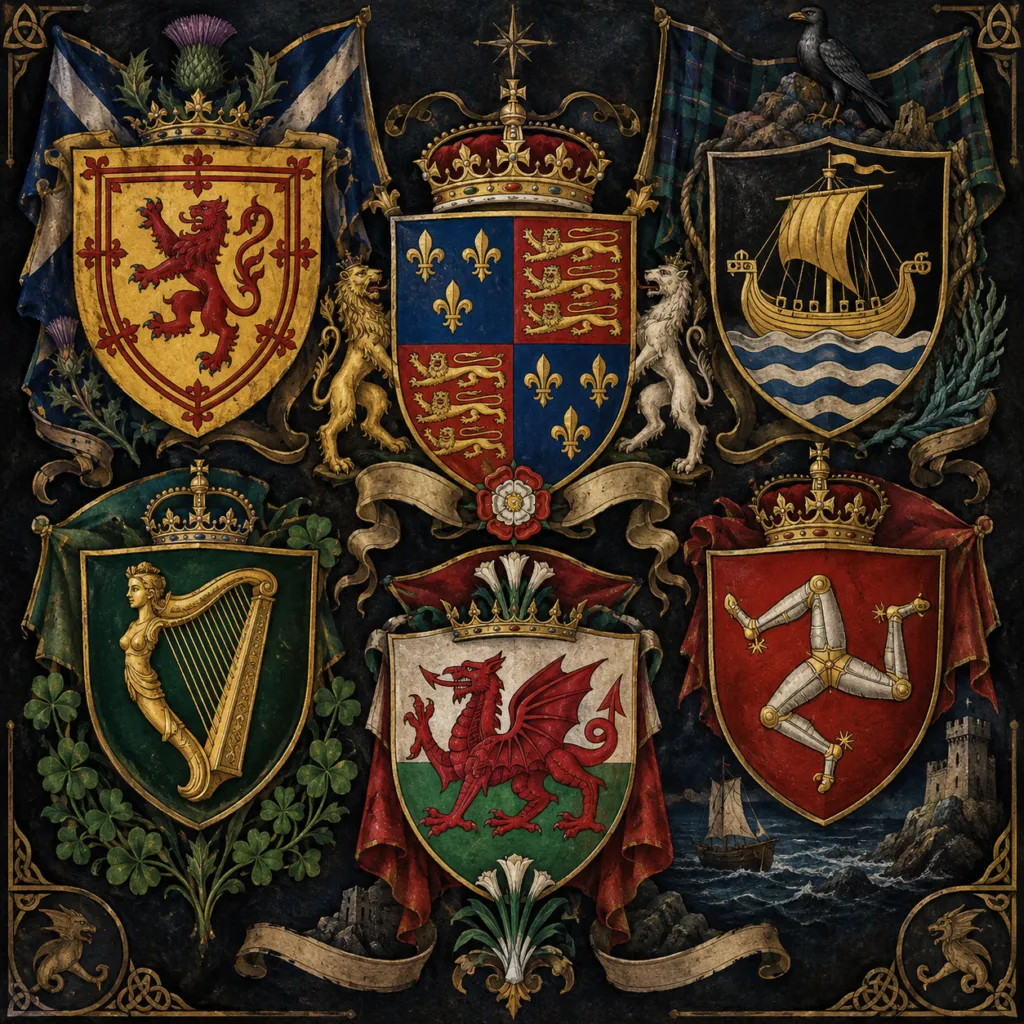 Heraldic Powers of the British Isles showing separate medieval political identities rather than a single unified British coat of arms
