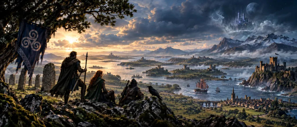Adventurers overlooking the mythic British Isles in 1454, with castles, ships, ancient standing stones, mountains and a supernatural realm beyond the mortal landscape