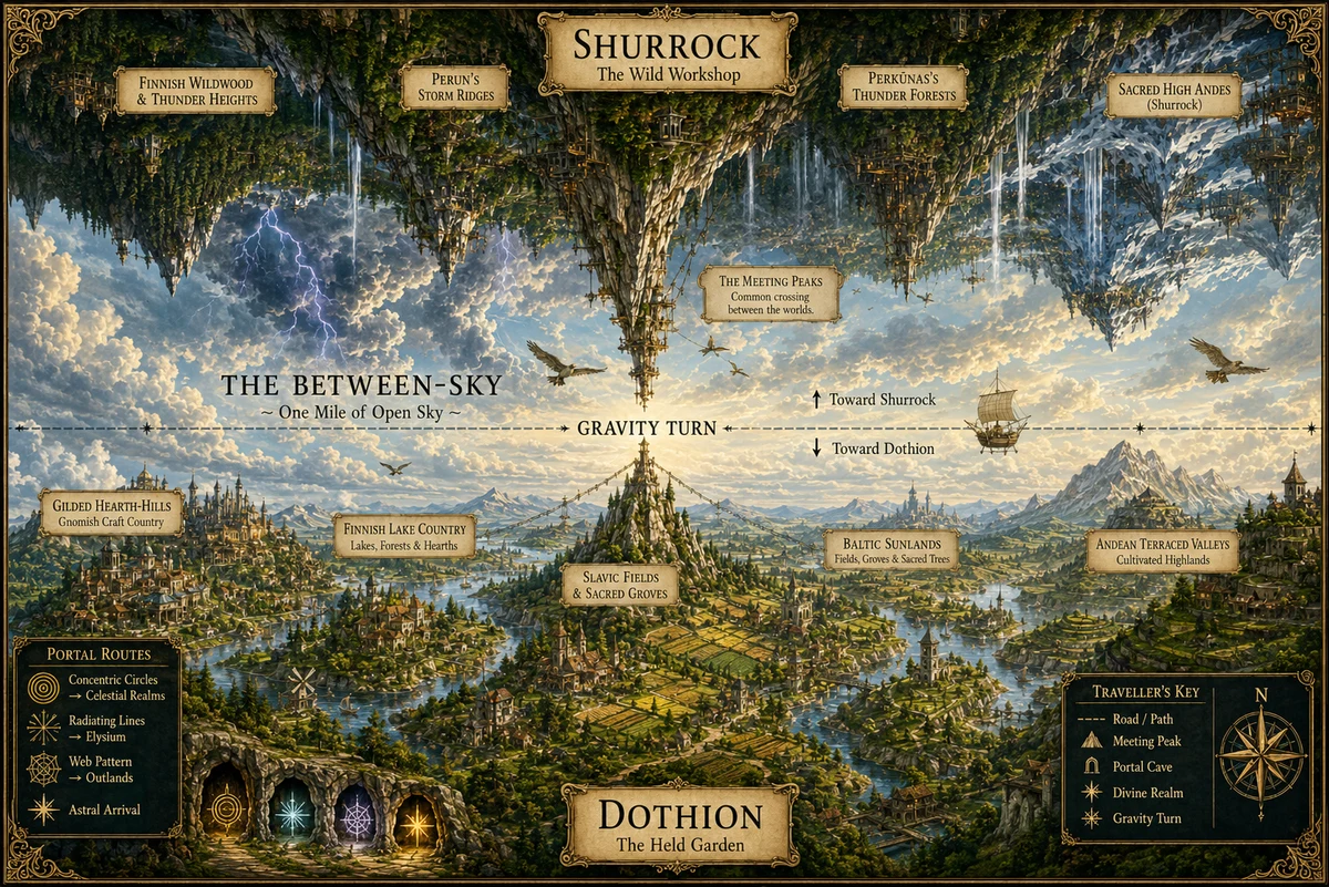Traveller's chart of Bytopia showing cultivated Dothion and inverted Shurrock facing one another across the one-mile Between-Sky, with the gravity turn, Meeting Peaks, Finnish, Slavic, Baltic and Andean divine regions, Gilded Hearth-Hills and planar portal routes