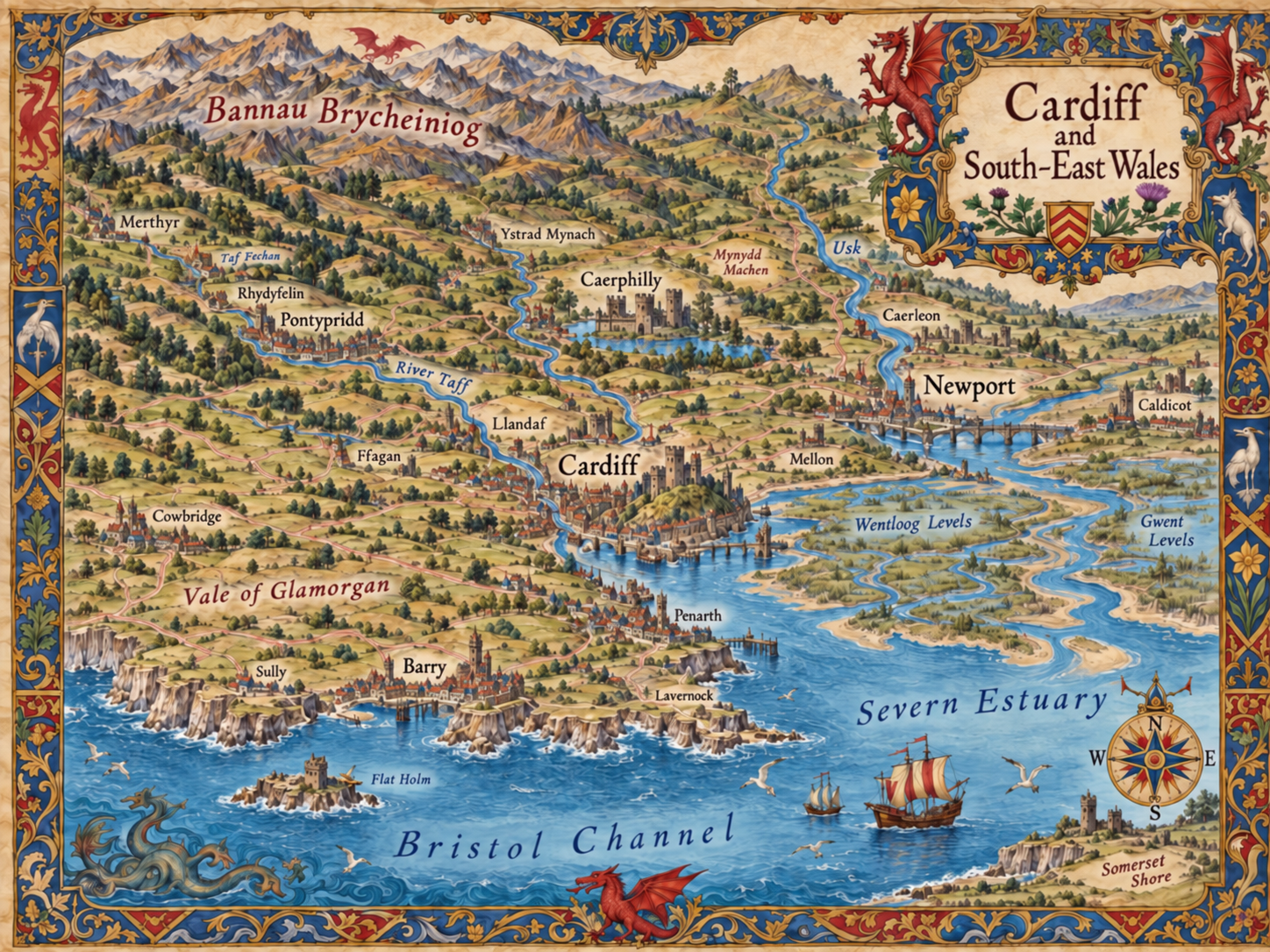 Illustrated campaign map of Cardiff, Glamorgan, Bannau Brycheiniog, the Severn Estuary and south-east Wales