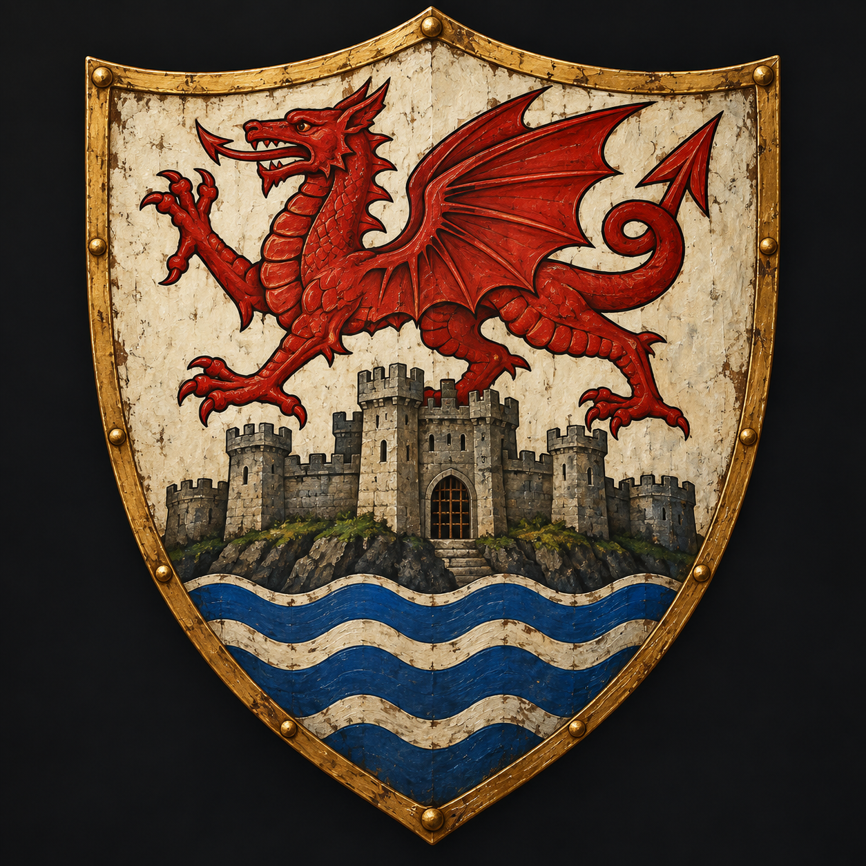 Cardiff identity shield with red Welsh dragon, Cardiff Castle and blue waves of the Bristol Channel