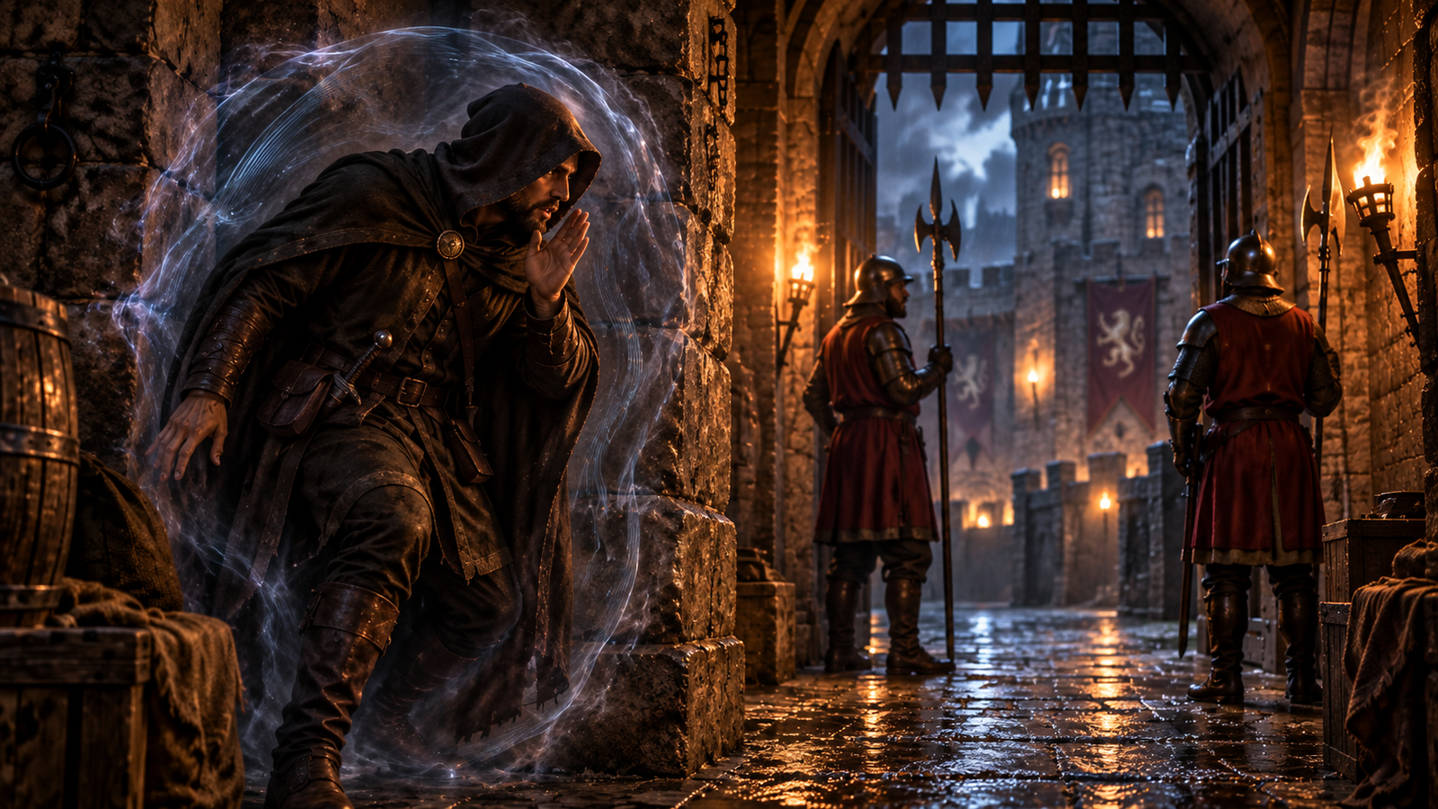 Cloak of Silence spell: a hooded caster slips past guards through a torchlit medieval gatehouse inside a faint sound-dampening magical veil.