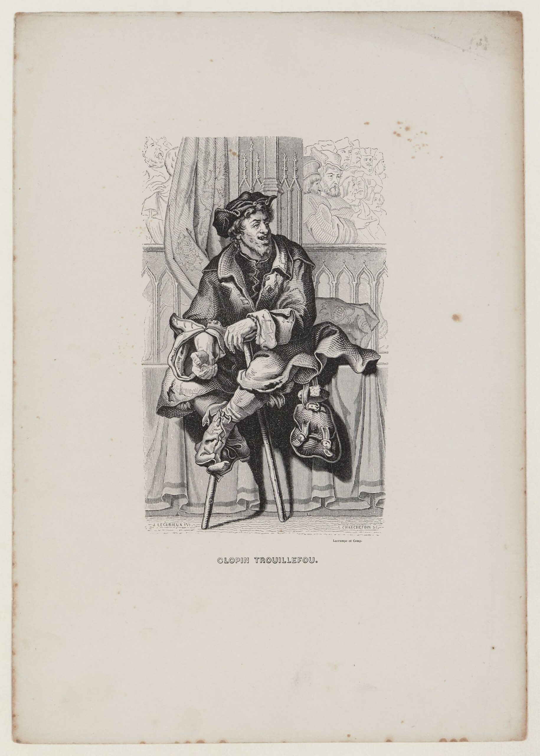 1844 wood engraving of Clopin Trouillefou from Victor Hugo's Notre-Dame de Paris.
