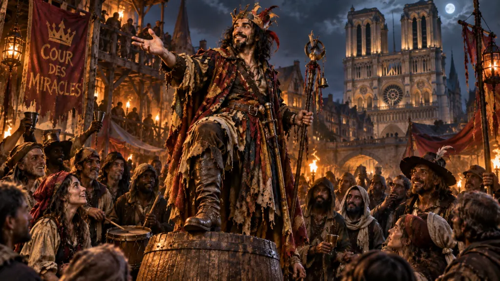 Clopin Trouillefou, King of Thunes, addressing the Court of Miracles in torchlit 1454 Paris.
