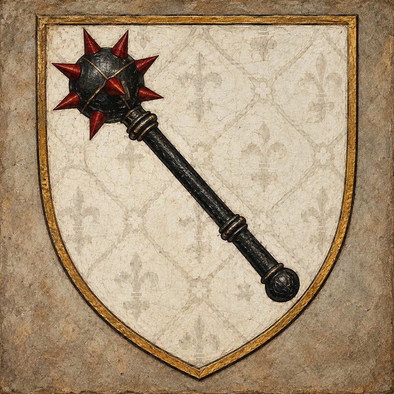 Late-medieval style coat of arms of Colmar, showing a black mace with red points on a pale patterned field