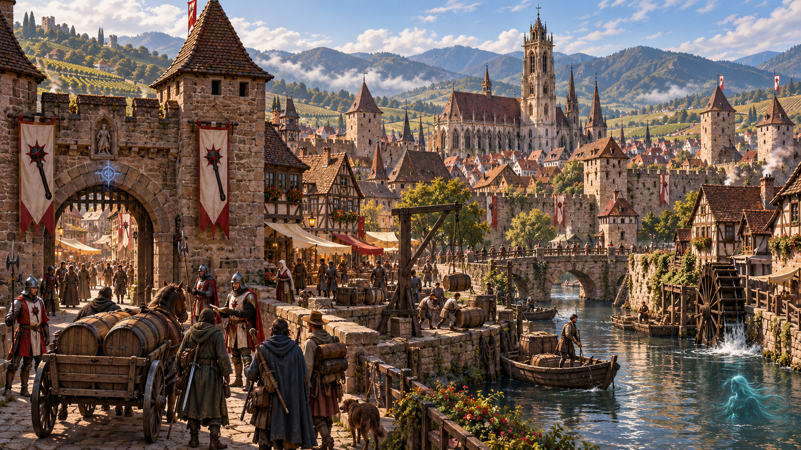 Fortified medieval Colmar with guild markets, wine carts, waterways, mills, city walls and the Vosges beyond