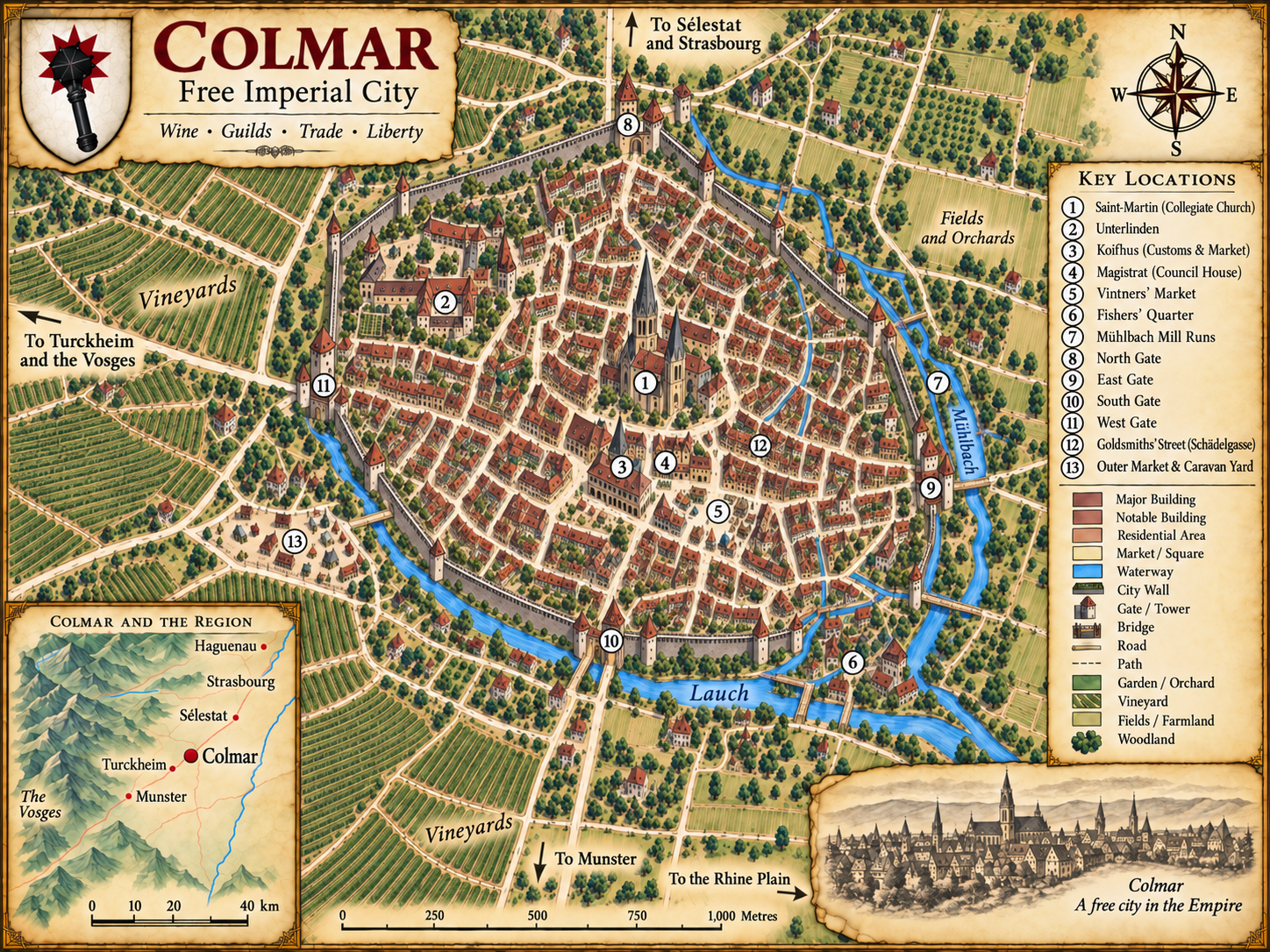 Medieval map of Colmar showing the walled city, Lauch and Mühlbach waterways, vineyards, gates, major civic locations and roads toward Sélestat, Strasbourg, Turckheim, Munster and the Rhine Plain