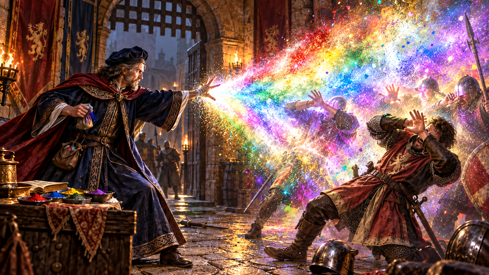 An arcane caster releases a dazzling cone of coloured light across a stone gatehouse, overwhelming nearby armed opponents.