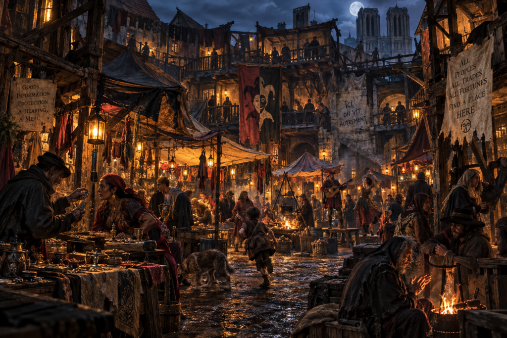 Torchlit night market and crowded alleys of the Court of Miracles in Paris, 1454.