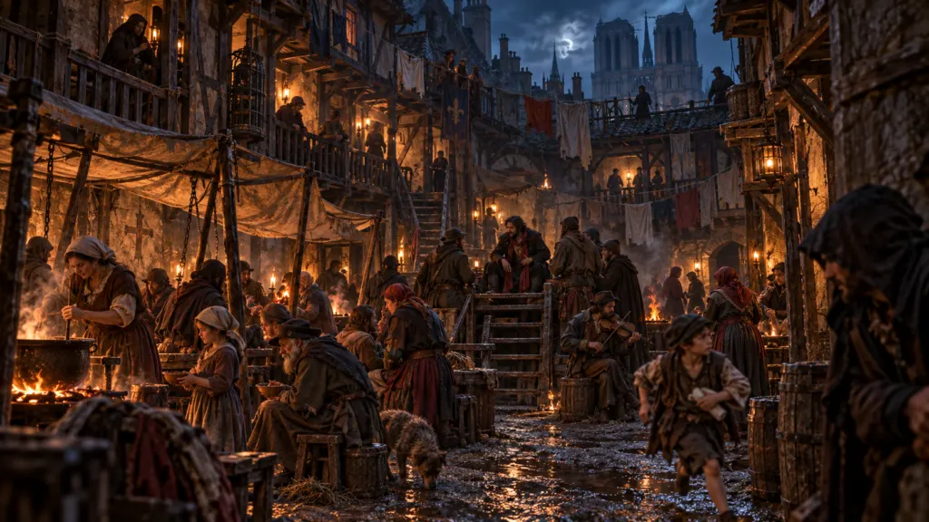 The Court of Miracles hidden among the crowded streets of Paris at night in 1454