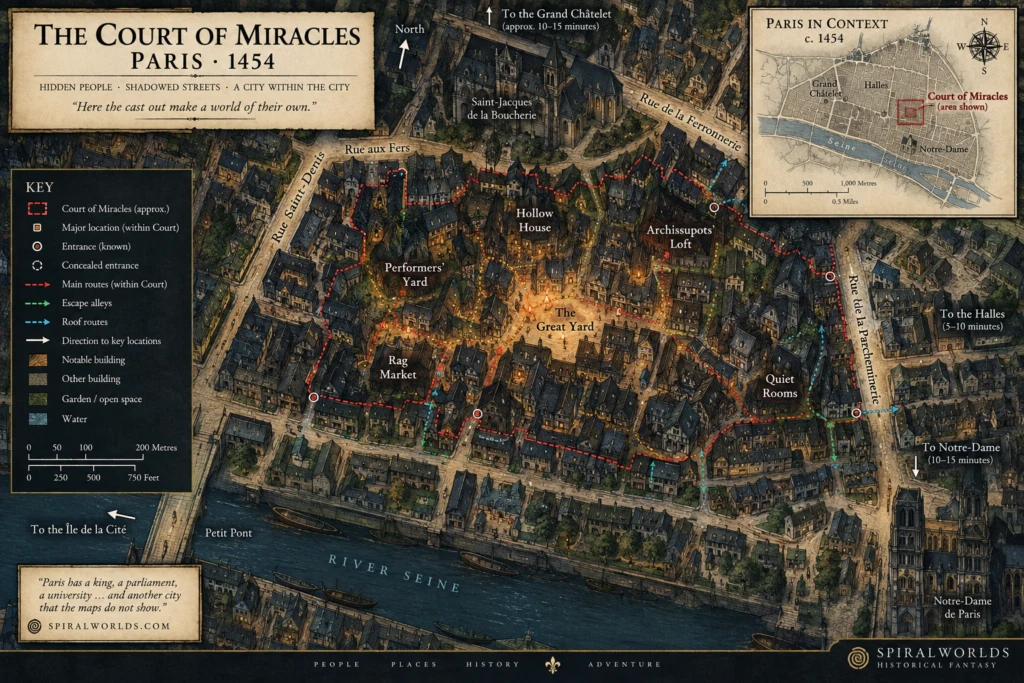 Campaign map of the Court of Miracles in Paris showing the Great Yard, Rag Market, escape routes and nearby streets
