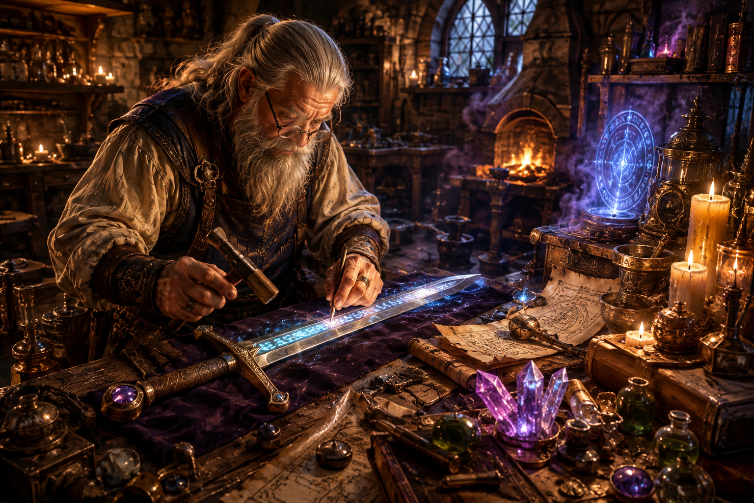 Creating magic items in a late-medieval enchanted forge workshop
