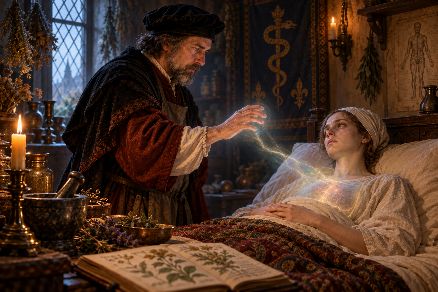 Detect Disease spell in 1454, with a healer magically diagnosing illness in a patient
