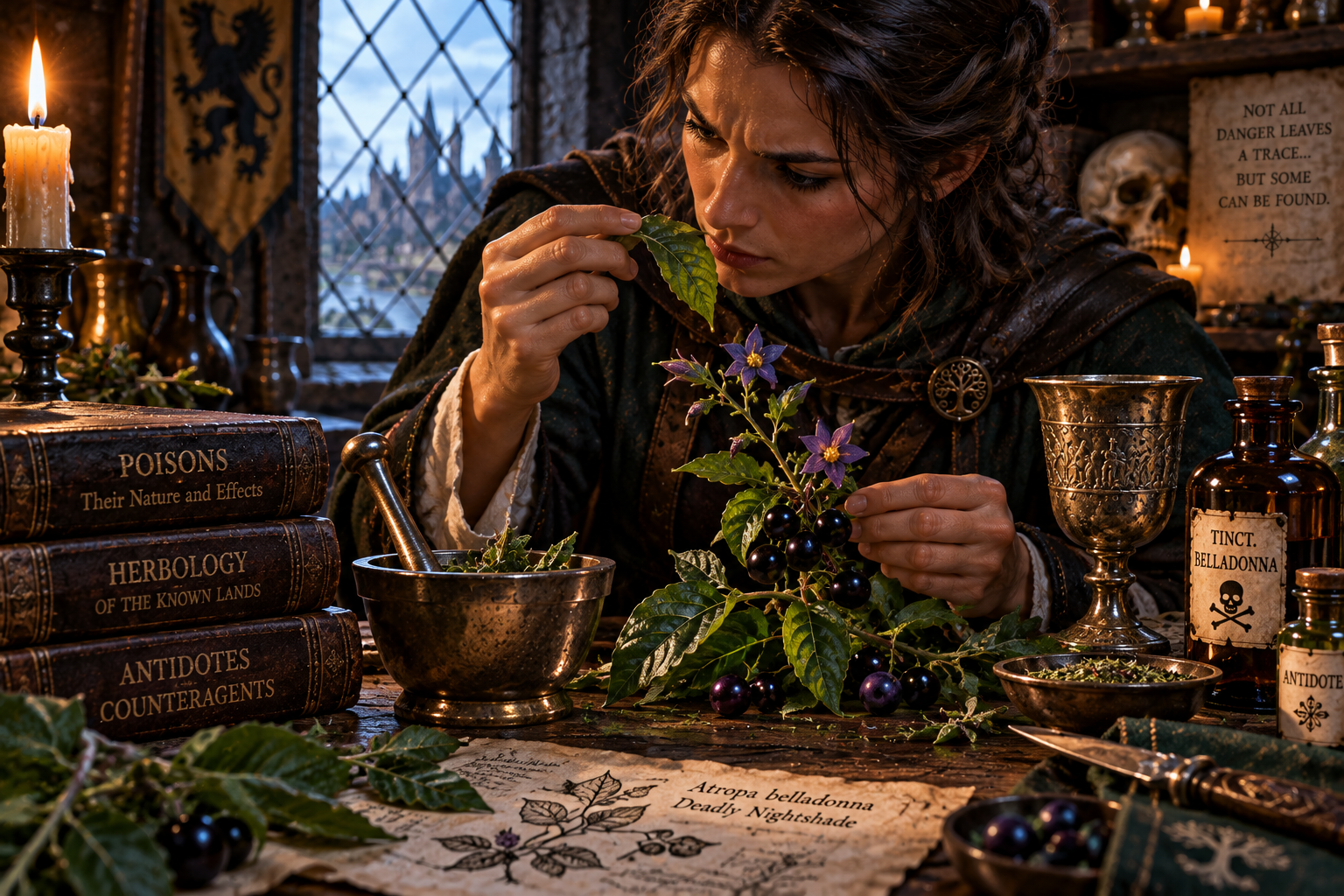 A 1454 apothecary examines deadly nightshade while investigating possible poison among herbs, bottles and antidotes.