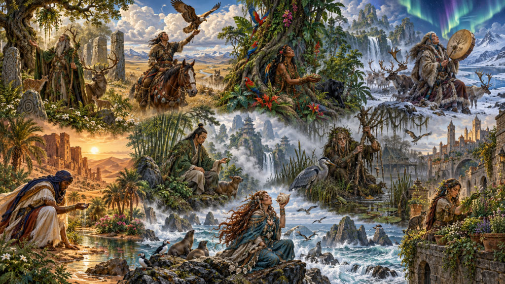 Painted panorama of diverse druidic traditions across forests, steppes, rainforests, mountains, deserts, wetlands, coasts and cultivated landscapes