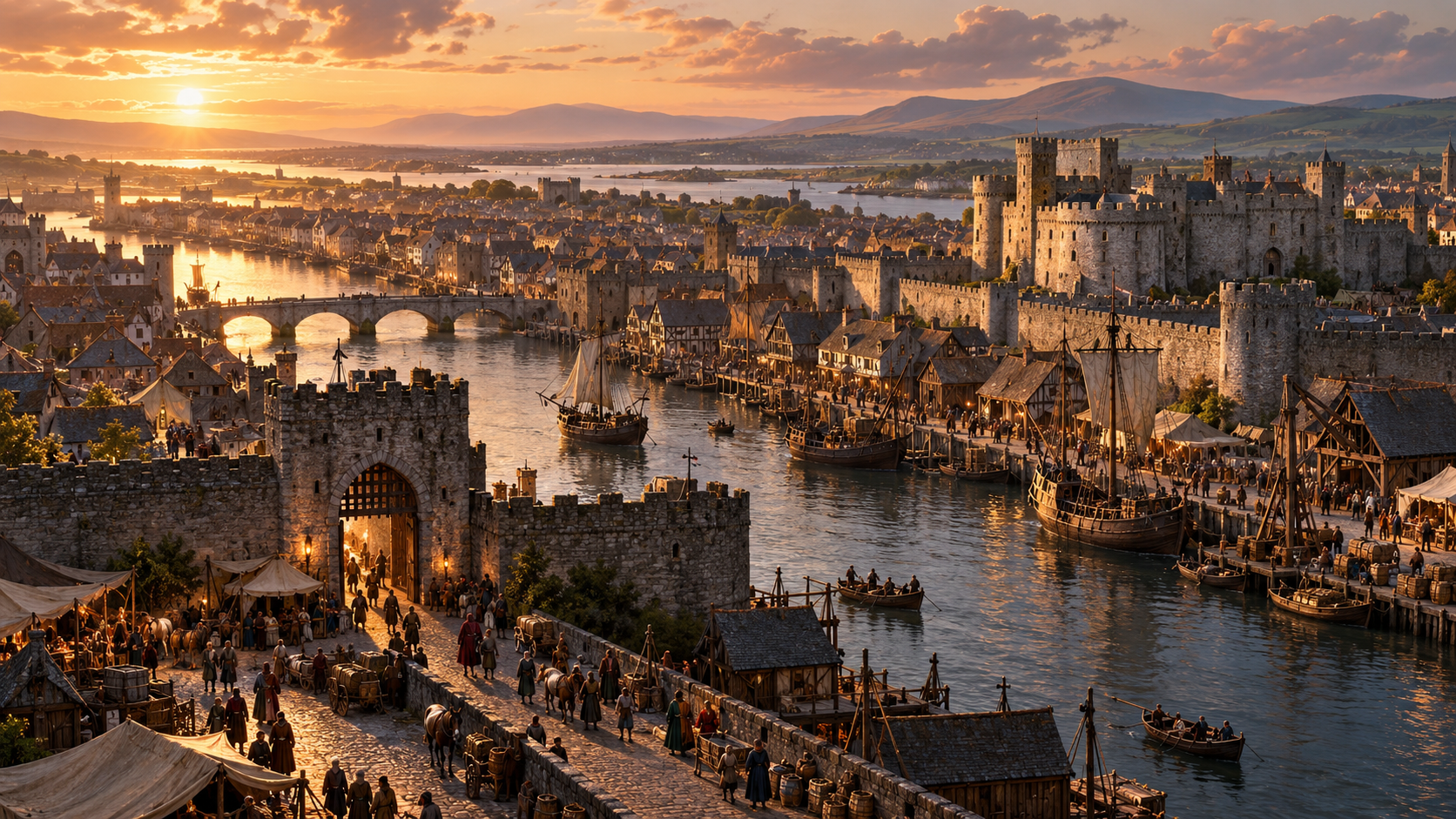 Dublin in the mid-fifteenth century, with its walled port, castle, river traffic and crowded quays at sunset