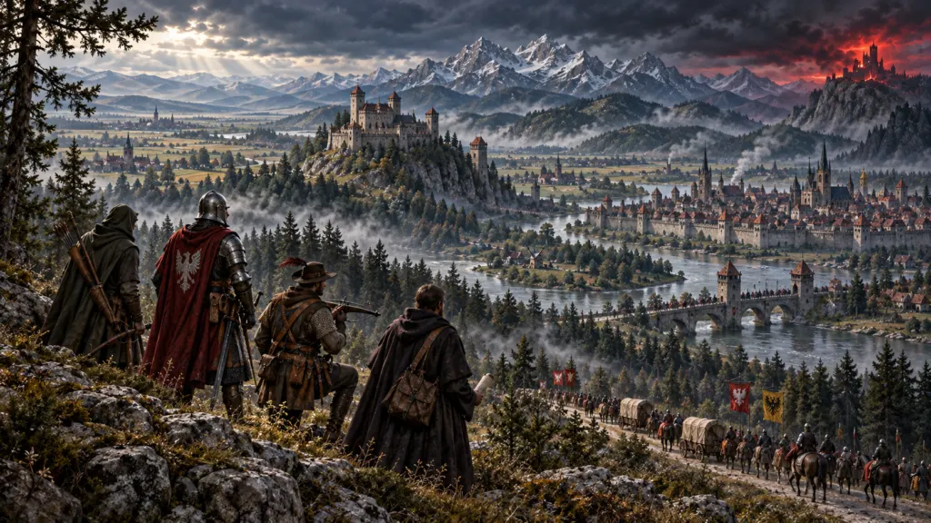 East Central Europe in 1454, with travellers, soldiers, fortified cities, river valleys and the Carpathian Mountains beneath a threatening sky