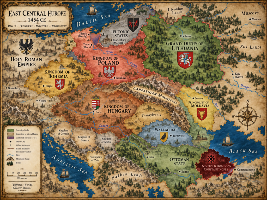 Campaign map of East Central Europe in 1454 showing Poland, Lithuania, Bohemia, Hungary, Transylvania, Wallachia, Moldavia, the Teutonic States, the Balkans, Ottoman territory and the Ninefold Dominion around Constantinople