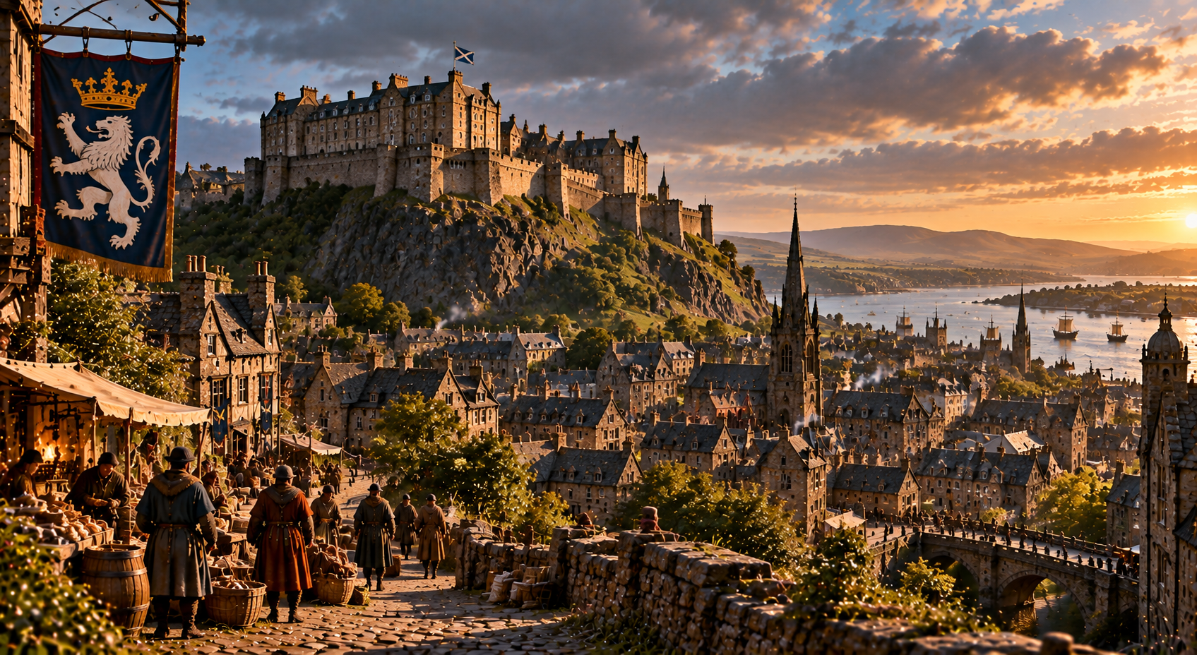Edinburgh in the mid-fifteenth century, with Castle Rock, the royal burgh, crowded streets and the Forth beyond