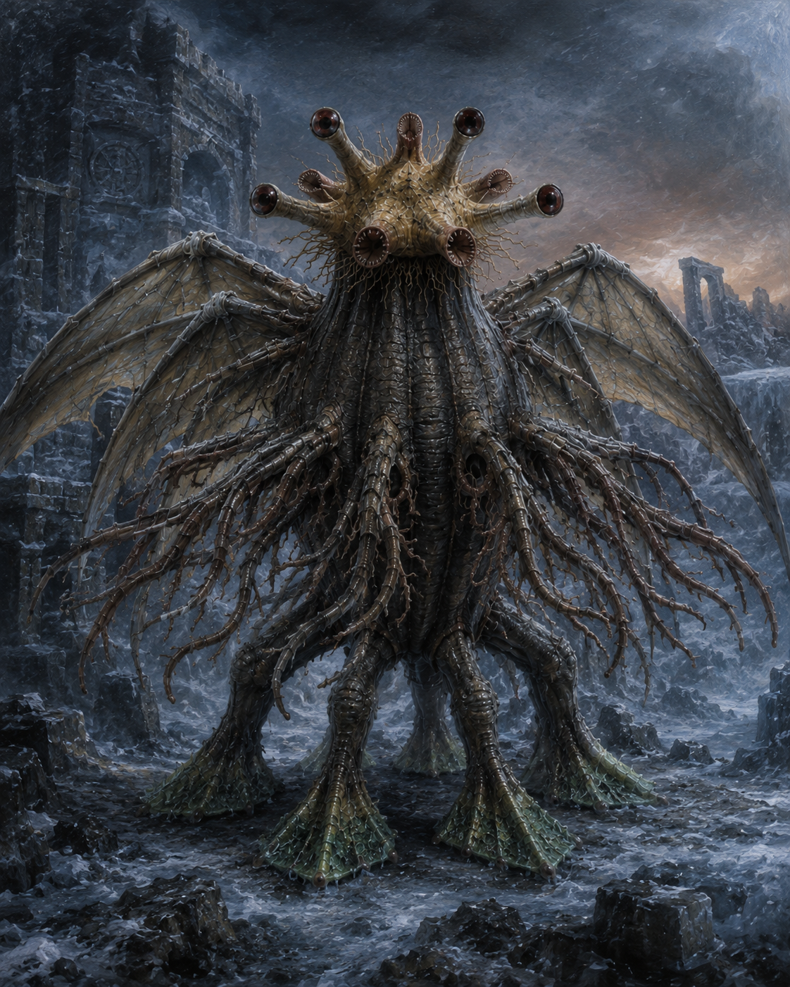 Elder Thing with a five-pointed sensory head, five radial wings, branching arm systems and five lower locomotory tentacles