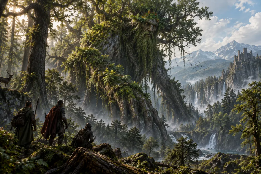 Elder Treant awakening in a 1454 forest before medieval travellers and soldiers