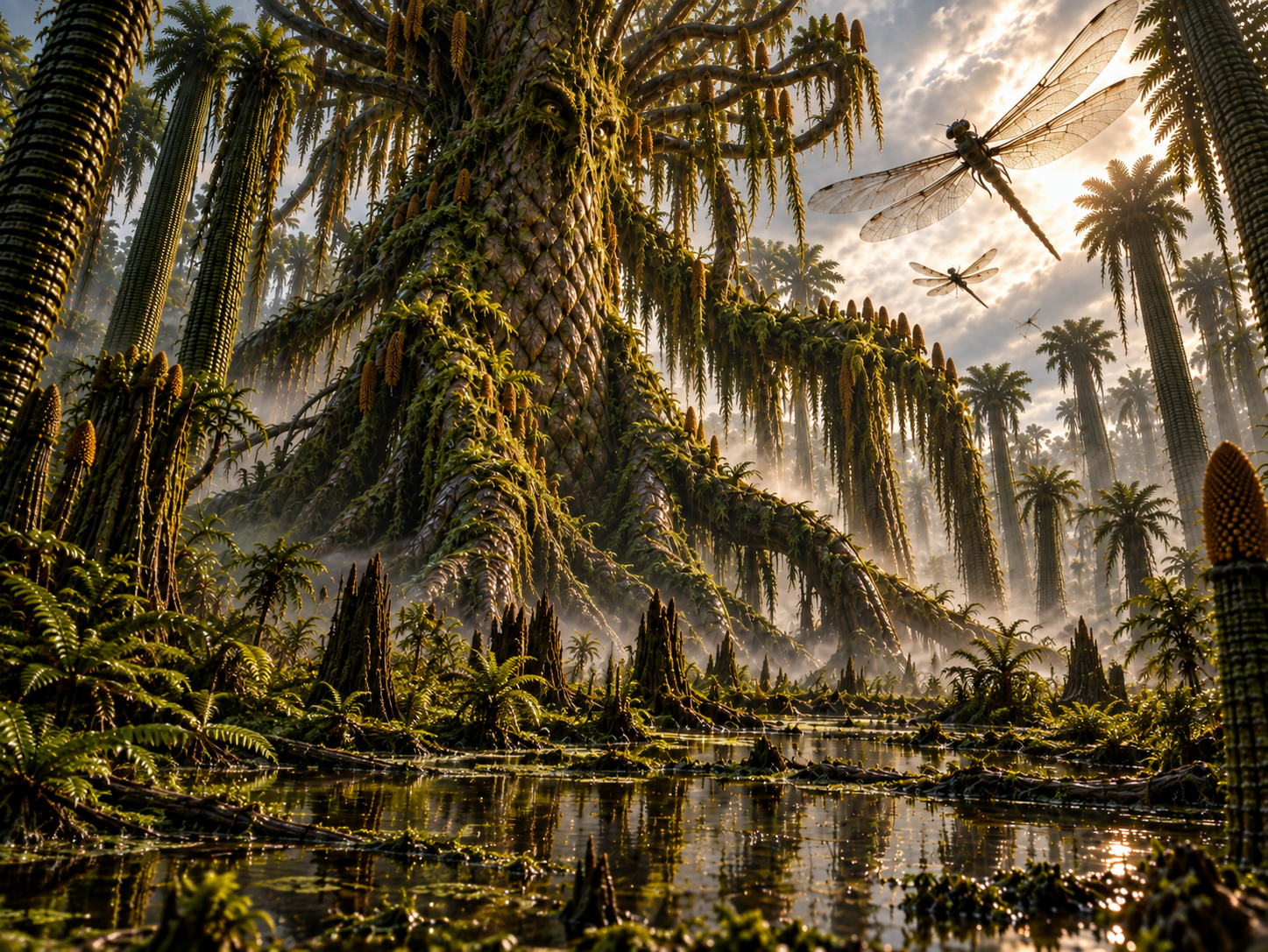 Elder Treant in a Carboniferous swamp among giant lycopsids and prehistoric dragonflies
