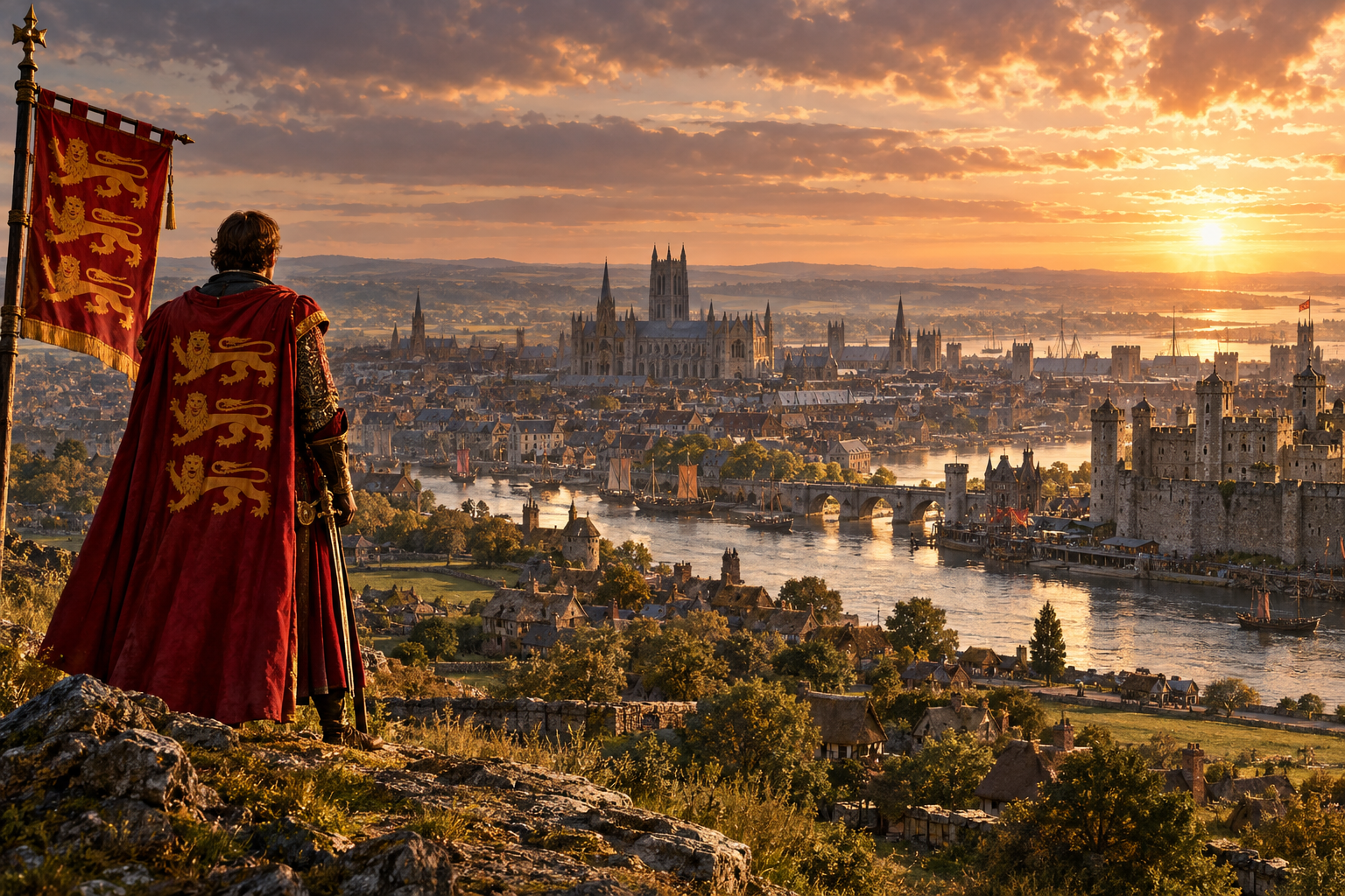 Medieval England with a royal banner overlooking a fortified river city, castle and great sacred hall at sunset