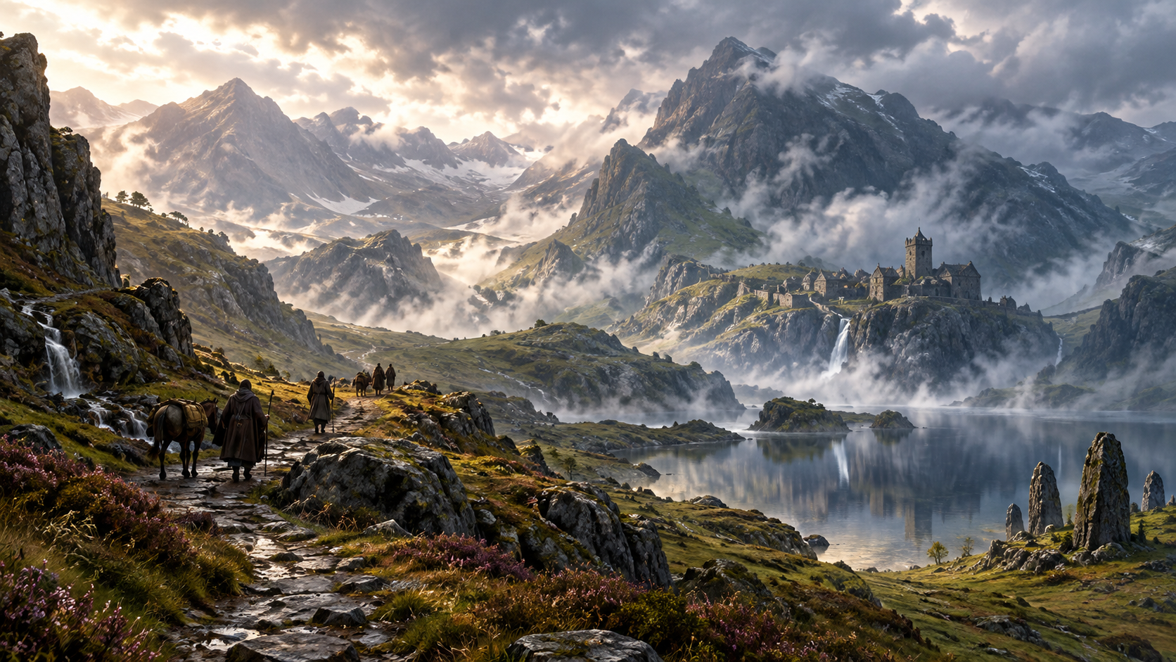 Travellers crossing the mountains of Eryri toward a misty lake, ancient standing stones and a distant fortress near the border of Annwn