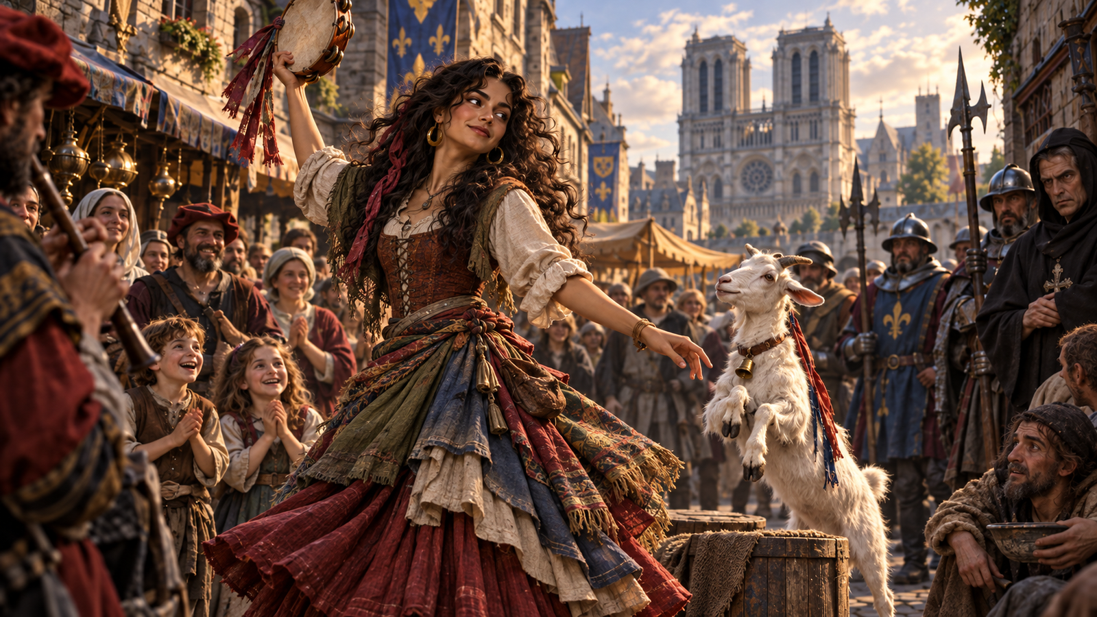 Esmeralda dances with Djali before a crowd in 1454 Paris while guards watch and Notre-Dame rises beyond the street