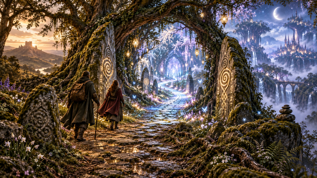 Ancient stone road and standing-stone crossing leading from the mortal world into the luminous Fey World