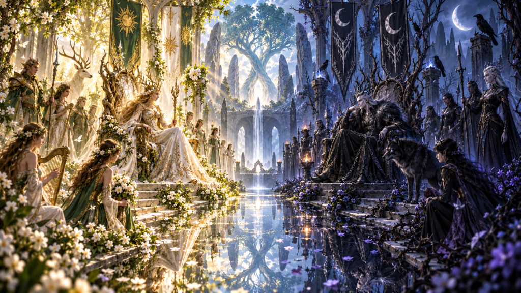 Seelie and Unseelie faerie courts facing one another across a reflective pool, contrasting radiant spring splendour with moonlit thorn-bound majesty